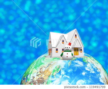 Earth - Snow-covered house and snowman Earth - Snow-covered house and snowman 119491799