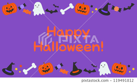 Cute Halloween purple frame background vector illustration material [with text] [horizontal] 119491812
