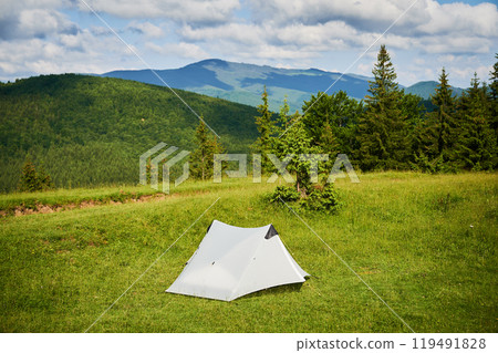 White tourist tent on sunlit, grassy hilltop, surrounded by young pine trees. Panoramic view of lush, rolling mountains under bright blue sky with scattered clouds, creating idyllic camping spot. 119491828