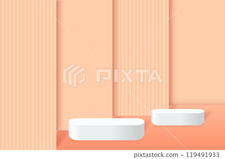 Abstract 3D orange podium background. Modern minimalist mockup for product display presentation. Realistic orange cylinder pedestal podium. Abstract 3D orange podium background. Modern minimalist mockup for product display presentation. Realistic orange cylinder pedestal podium. 119491933