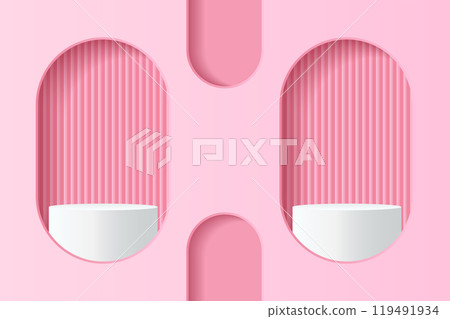 Abstract 3D pink podium background. Modern minimalist mockup for product display presentation. Realistic pink cylinder pedestal podium. Abstract 3D pink podium background. Modern minimalist mockup for product display presentation. Realistic pink cylinder pedestal podium. 119491934