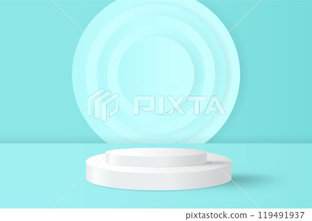 Abstract 3D blue podium background. Modern minimalist mockup for product display presentation. Realistic blue cylinder pedestal podium. Abstract 3D blue podium background. Modern minimalist mockup for product display presentation. Realistic blue cylinder pedestal podium. 119491937
