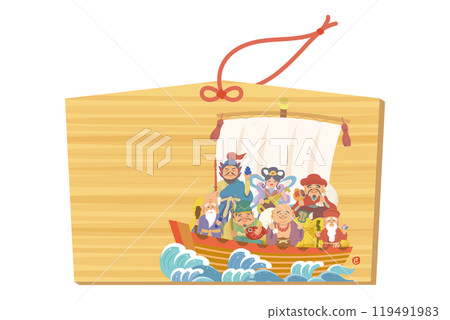 A cute illustration of a votive plaque depicting the Seven Lucky Gods riding on a treasure ship. 119491983
