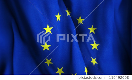 3D animation of waving European Union. EU blue national flag with yellow stars in center. Flag of Europe as a background. 119492008