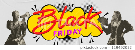 Medieval woman and man with pop art sale graphics between them promoting big sale deals. Contemporary art collage. 119492052
