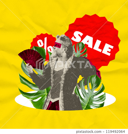 Vintage-style man with fan standing against bright yellow backdrop with red sale signs. Contemporary art collage. Black Friday promo 119492064
