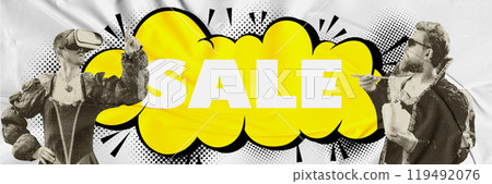 Two men, medieval royal people in vintage clothes standing with giant speech bubble with word sale between them. Contemporary art collage. Two men, medieval royal people in vintage clothes standing with giant speech bubble with word sale between them. Contemporary art collage. 119492076