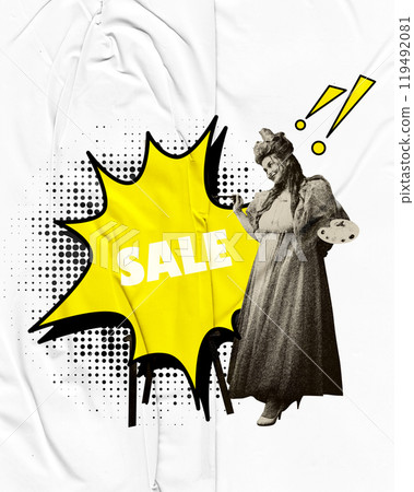 Dramatic woman, medieval princess in vintage attire displaying sale offer in modern way. Contemporary art collage. 119492081