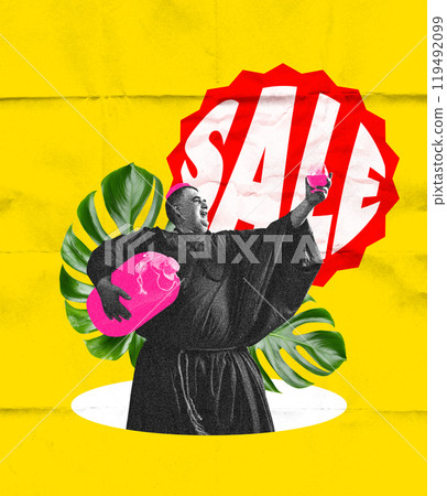 Vintage monk holding pink jars with sale label. Bright yellow background. Contemporary art collage. Vintage monk holding pink jars with sale label. Bright yellow background. Contemporary art collage. 119492099