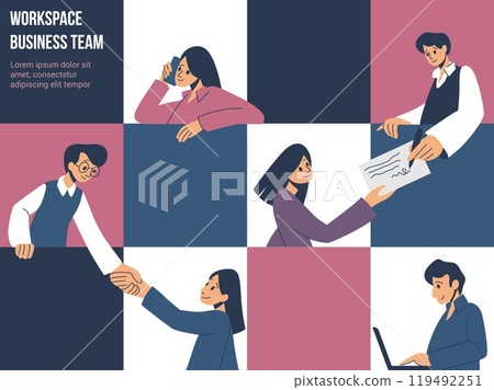 Creative characters. People community. Office collogues teamwork. Workplace communication. Business persons team. Work technology. Businessman partnership. Vector flat banner design 119492251