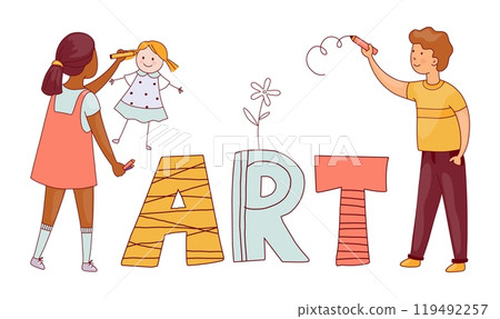 Happy kids. Children art. Creative hobby. Girl drawing doll with color pencil. Boy painting at wall. Little painter. Artist education school. Creativity learning. Vector banner design 119492257