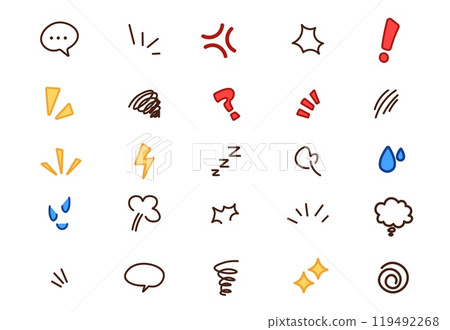 Cartoon icons. Cute line elements for sticker effect. Hand drawn emoji. Emoticon decoration. Thinking or speech bubbles. Shock brush sign. Vector design comic expression symbols set Cartoon icons. Cute line elements for sticker effect. Hand drawn emoji. Emoticon decoration. Thinking or speech bubbles. Shock brush sign. Vector design comic expression symbols set 119492268