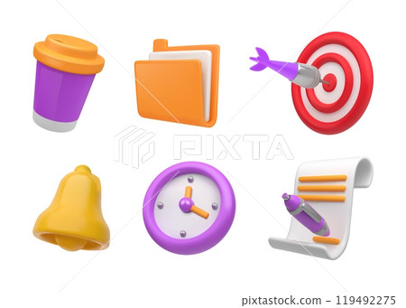 3D school icons. Education tools. Document signature. Pencil and pen. Studying notebook. Office folder. Render book. Time watch. Coffee cup. Plastic bell. Vector stationery elements set 3D school icons. Education tools. Document signature. Pencil and pen. Studying notebook. Office folder. Render book. Time watch. Coffee cup. Plastic bell. Vector stationery elements set 119492275