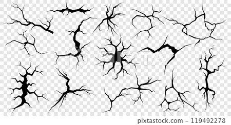 Crack texture. 3d ground, earthquake split or damage fissure, dry earth effect. Smash concrete land hole. Damaged in road. Black elements isolated on transparent background. Vector background Crack texture. 3d ground, earthquake split or damage fissure, dry earth effect. Smash concrete land hole. Damaged in road. Black elements isolated on transparent background. Vector background 119492278