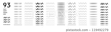 Wavy lines. Zigzag squiggly waves. Curvy wiggle or ripple graphic. Undulate wiggly sine. Jagged parallel. Angular amplitude. Straight underline. Horizontal waveform elements vector set Wavy lines. Zigzag squiggly waves. Curvy wiggle or ripple graphic. Undulate wiggly sine. Jagged parallel. Angular amplitude. Straight underline. Horizontal waveform elements vector set 119492279