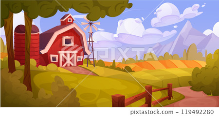 Farm background. Village field and house in children scene with trees and mountains. Meadow and sky clouds. Farming barn. Summer nature. Countryside road. Vector cartoon scenic landscape Farm background. Village field and house in children scene with trees and mountains. Meadow and sky clouds. Farming barn. Summer nature. Countryside road. Vector cartoon scenic landscape 119492280