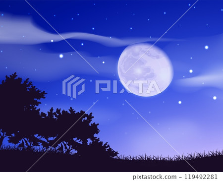 Night blue sky. Full moon. Stars and clouds. Black silhouette forest. Twilight sparkle. Midnight starlit. Meadow trees. Moonlight glow. Nighttime scenery. Vector evening dusk landscape Night blue sky. Full moon. Stars and clouds. Black silhouette forest. Twilight sparkle. Midnight starlit. Meadow trees. Moonlight glow. Nighttime scenery. Vector evening dusk landscape 119492281