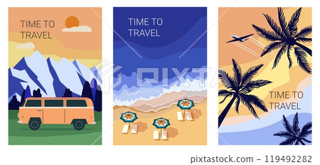 Travel poster. Retro plane, vintage girl in summer time, airline trip sticker with holiday portrait in air. Adventure on van. Tropical resort, sandy beach, palm trees. Vector abstract art Travel poster. Retro plane, vintage girl in summer time, airline trip sticker with holiday portrait in air. Adventure on van. Tropical resort, sandy beach, palm trees. Vector abstract art 119492282