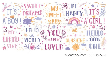 Baby text. Little hello boy floral boho design, abstract sweet vintage wallpaper art or girl love poster. Decorative cute elements for nursery. Vector design, cartoon flat isolated illustration Baby text. Little hello boy floral boho design, abstract sweet vintage wallpaper art or girl love poster. Decorative cute elements for nursery. Vector design, cartoon flat isolated illustration 119492283