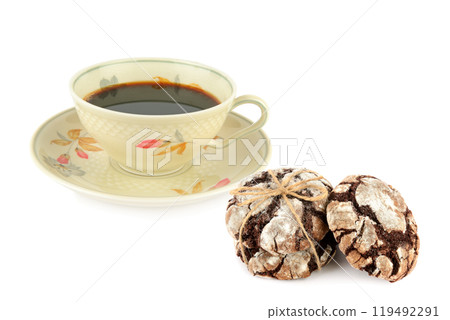 Coffee in vintage porcelain cup and Chocolate chip cookies isolated on white. Collage. 119492291