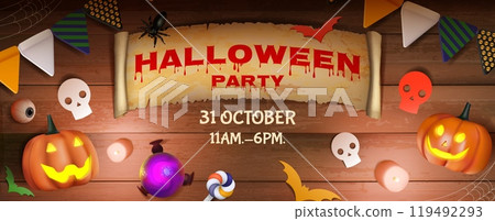 Halloween banner. Happy pumpkin background, trick or treat. Cute candy, spooky bat for autumn festive party. 3d pumpkin, creepy spider, holiday invitation horizontal poster. Vector flyer design 119492293