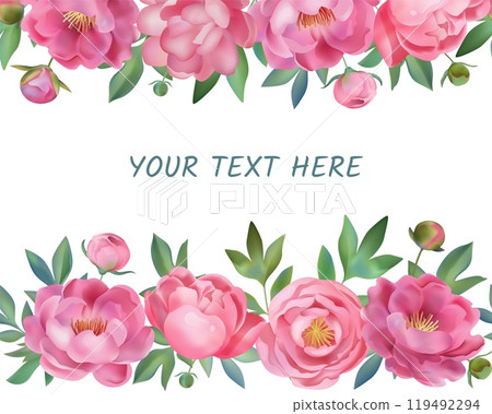 Watercolor flower background. Floral border frame, spring painted watercolour leaf and branch. Pink blossom with green leaves. Poster template. Wedding invitation. Vector botanical design Watercolor flower background. Floral border frame, spring painted watercolour leaf and branch. Pink blossom with green leaves. Poster template. Wedding invitation. Vector botanical design 119492294