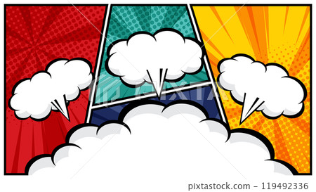 horizontal comic speech bubble in white cloud on a vibrant pop art background flat design vector illustration horizontal comic speech bubble in white cloud on a vibrant pop art background flat design vector illustration 119492336