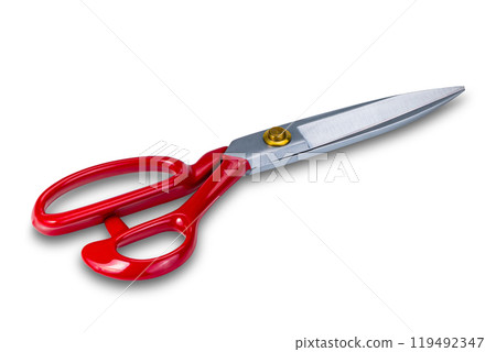 High angle view new red handle stainless steel scissors. High angle view new red handle stainless steel scissors. 119492347