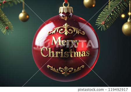 Christmas card with red christmas ball reading 'Merry Christmas' in gold, with soft festive lights in the background, setting a warm and elegant tone 119492917