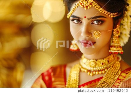 Elegant bride in traditional indian attire with gold jewelry and bindi 119492943