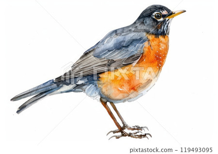 American Robin, bird, Pastel-colored, in hand-drawn style, watercolor, isolated on white background 119493095