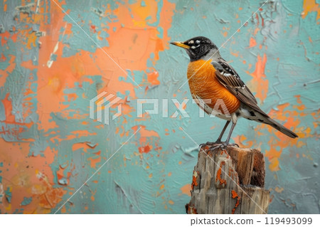 American Robin, isolated on pastel background, stock photographic style 119493099