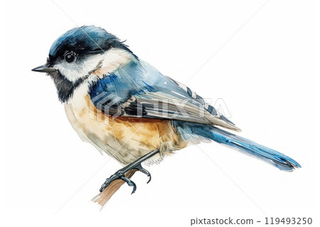 Chickadee, bird, Pastel-colored, in hand-drawn style, watercolor, isolated on white background 119493250