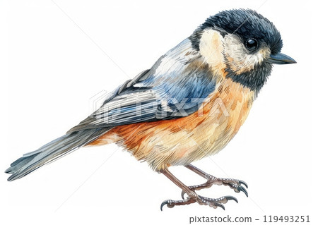 Chickadee, bird, Pastel-colored, in hand-drawn style, watercolor, isolated on white background 119493251