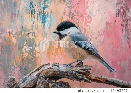 Chickadee, isolated on pastel background, stock photographic style 119493252