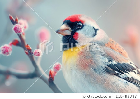 Goldfinch, isolated on pastel background, stock photographic style Goldfinch, isolated on pastel background, stock photographic style 119493388