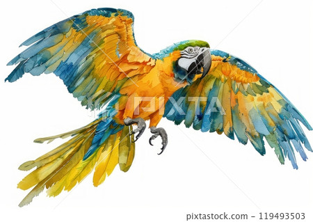 Macaw, bird, Pastel-colored, in hand-drawn style, watercolor, isolated on white background 119493503