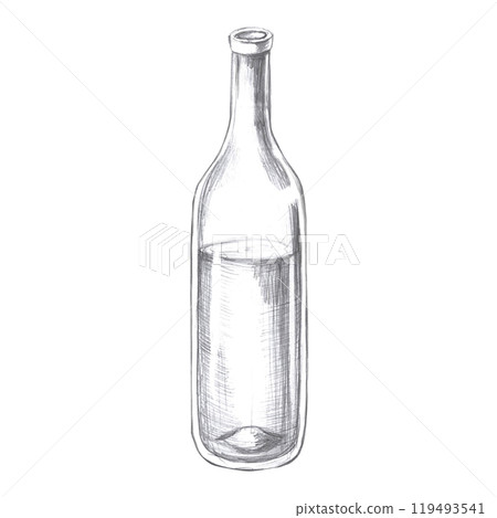 Wine bottle, hand drawn pencil sketch. Isolated illustration in realistic style for fish restaurant design, menu, textile, posters Wine bottle, hand drawn pencil sketch. Isolated illustration in realistic style for fish restaurant design, menu, textile, posters 119493541