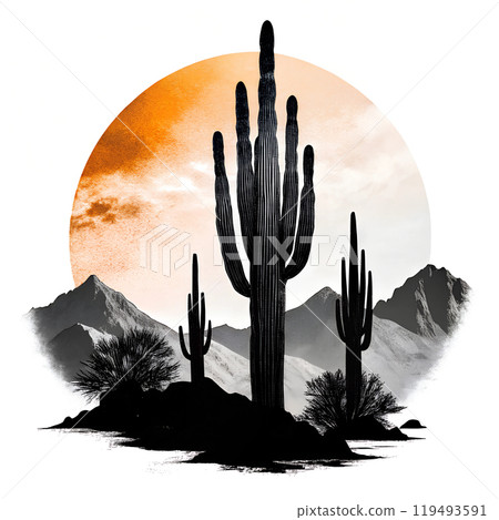 Abstract Cactus Silhouette in Desert at Sunset Abstract Cactus Silhouette in Desert at Sunset 119493591