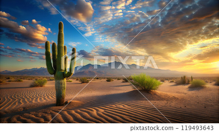 Scenic Desert Landscape with Cactus at Sunset 119493643