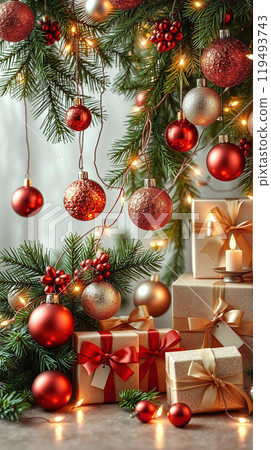 Festive Christmas decorations with ornaments, gifts, and holiday lights Festive Christmas decorations with ornaments, gifts, and holiday lights 119493743