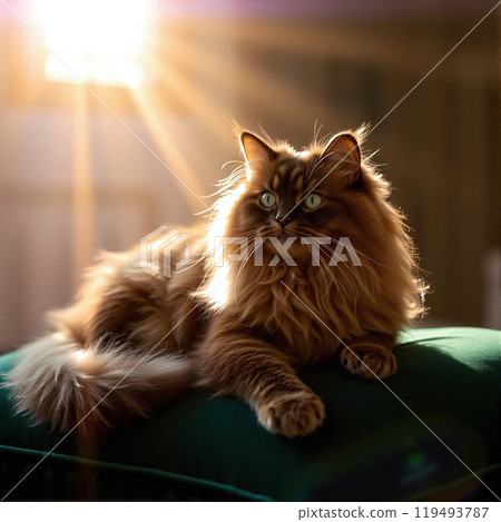 A majestic long-haired cat relaxing on a green cushion in warm sunlight 119493787