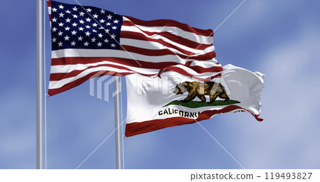 California state flag and the American flags waving in the wind California state flag and the American flags waving in the wind 119493827