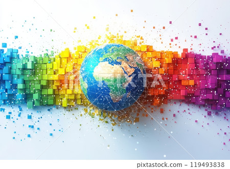 Digital illustration of Earth surrounded by vibrant pixel art representing global connectivity and technology 119493838
