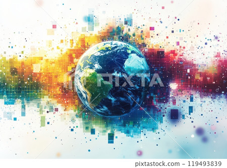 Digital illustration of the Earth surrounded by vibrant colorful squares and abstract network lines depicting global connectivity and technology 119493839