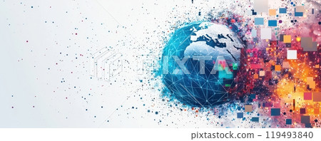 Digital illustration of the Earth surrounded by colorful data points in a networked global concept 119493840