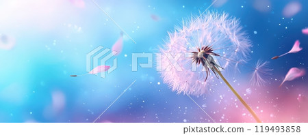 Dandelion seed floating gracefully in the wind amidst pink petals against a serene blue sky background 119493858