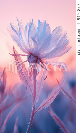 Dandelion in the wind with a pink and blue gradient background symbolizing fragility and beauty 119493859