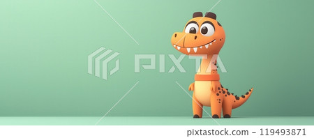 Cute cartoon dinosaur with big teeth and playful expression on a green background 119493871