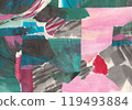 Blue purple abstract collage, torn paper pieces glued, horizontal banner background 119493884